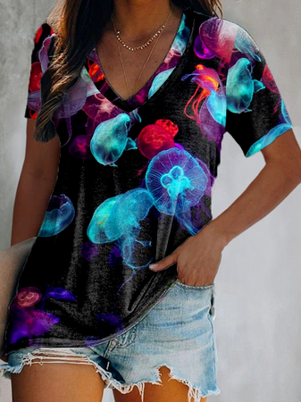 

Animal V Neck Regular Fit Short Sleeve Tops, Black, T-Shirts