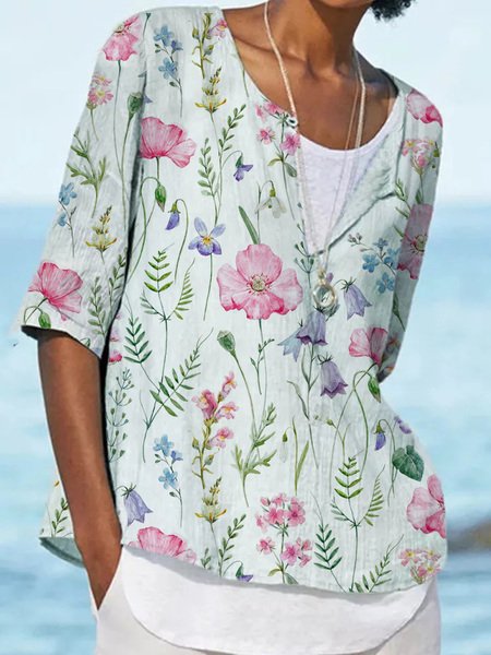 

Loosen Floral V Neck Short Sleeve Tops, Multicolor, Shirts & Blouses