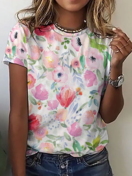 

Casual Simple Floral Print Crew Neck T-Shirt, As picture, T-shirts