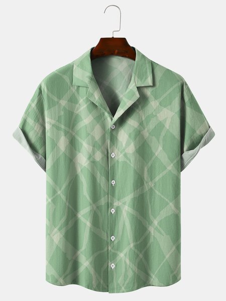 

Cotton Linen Geometric Print Casual Short Sleeve Shirt, Green, Men's Floral shirt