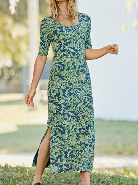 

Vintage Vacation U-Neck Regular Fit Floral Short Sleeve Knit Dress, Green, Midi Dresses