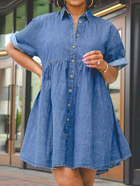 

Lapel Casual Denim Ruched And Buttoned Short Sleeve Woven Dress, Blue, Dresses