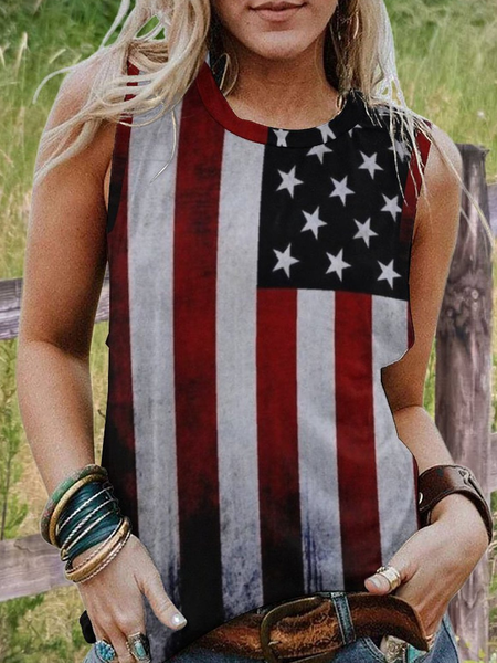 

American Flag Sporty Striped Crew Neck, Black, Tank Tops
