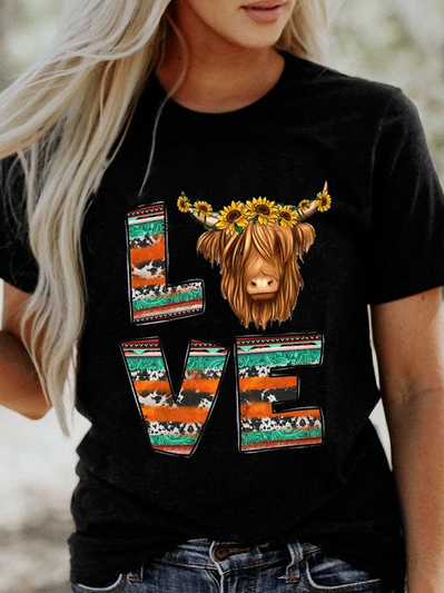 

Crew Neck Animal Cotton Blends Short Sleeve T-Shirt, Black, T-Shirts