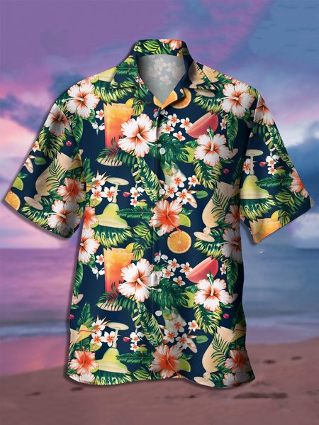 

Hawaiian Graphic Men's Casual Breathable Short Sleeve Shirt, Deep blue, Men's Floral shirt
