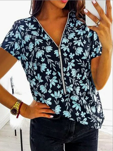

Floral Zip V-Neck Short Sleeve T-Shirt Top, As picture, Shirts & Blouses