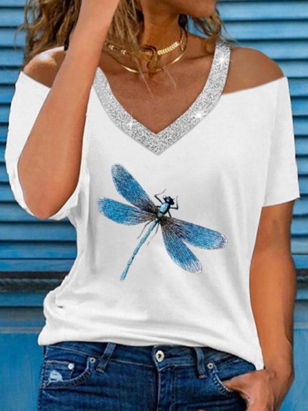 

Loose Casual Dragonfly Print V Neck T-Shirt, White, T-Shirts