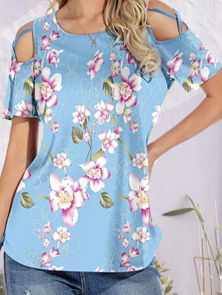 

Loosen Floral Casual Short Sleeve T-Shirt, Blue, T-Shirts