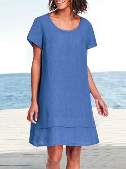 

Crew Neck Cotton Solid Short Sleeve Woven Dress, Blue, Mini Dresses