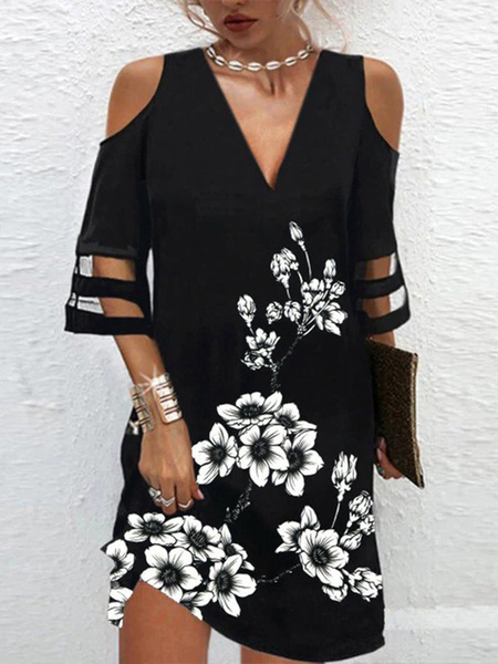 

Floral Vacation Short Sleeve Woven Dress, Black, Dresses
