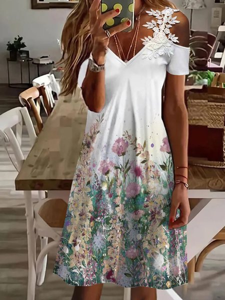 

V Neck Cotton Blends Printed Short Sleeve Knit Dress, White, Mini Dresses