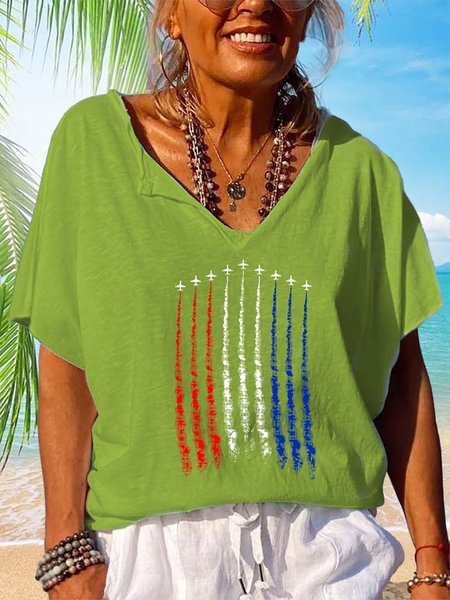 

Air Force Flyove Printed Loose Casual V-neck T-Shirt, Green, T-Shirts