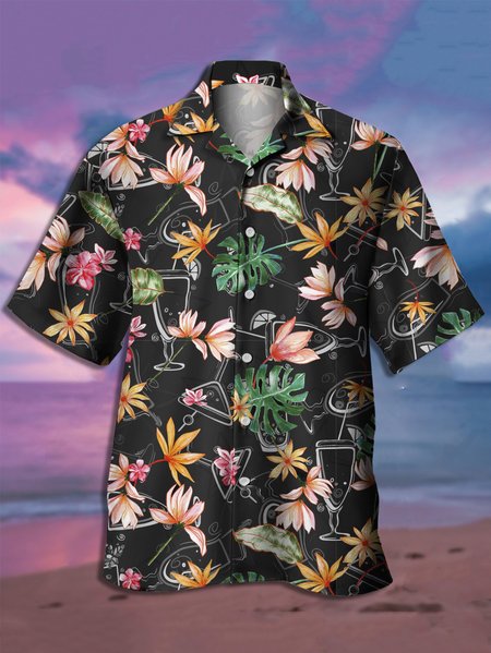 Hawaiian Graphic Men's Casual Breathable Short Sleeve Shirt, Black, Men's Floral shirt