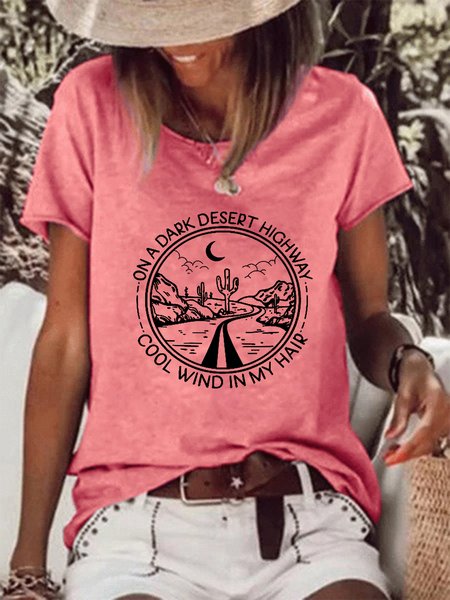 

On A Dark Desert Highway Trip Cotton Blends Short Sleeve T-Shirt, Pink, T-shirts