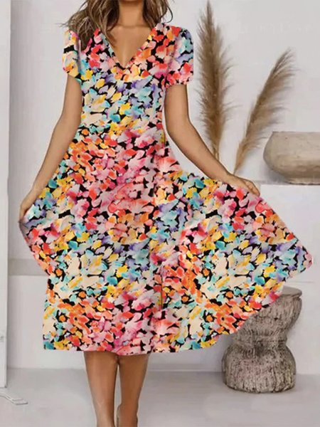 

Floral V Neck Casual Short Sleeve A-line Dress, Orange, Midi Dresses