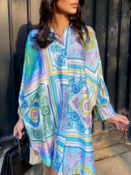 

Tribal Shirt Collar Oversize Long Sleeve Woven Dress, Light blue, Dresses