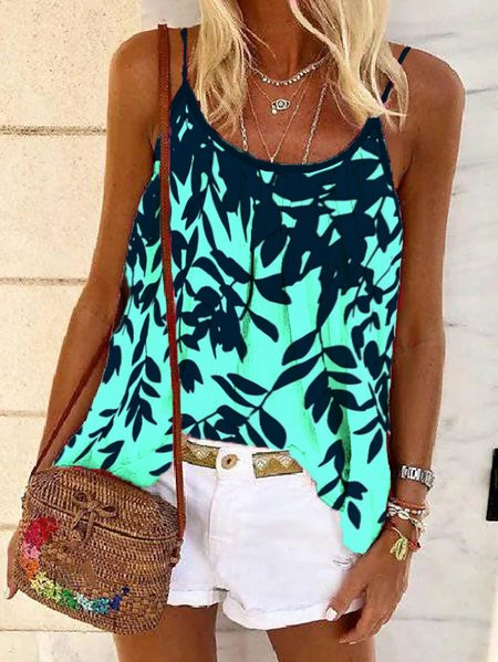 

Regular Fit Leaves Spaghetti Knit, Blue, Tanks & Camis