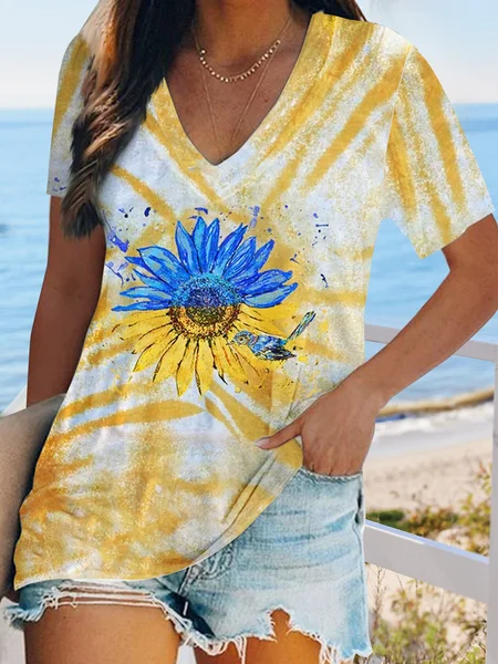 

Gradient tie dyed sunflower holiday loose top T-shirt tunic Plus Size, Multicolor, T-Shirts
