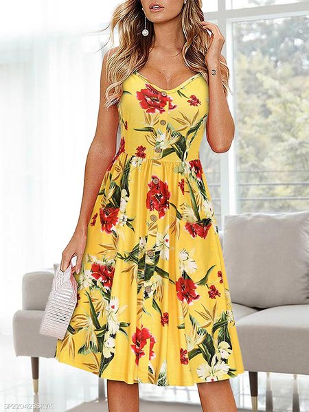 

JFN V Neck Floral Buttoned Vacation Midi Dresses, Yellow, Dresses
