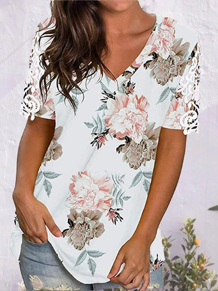 

Floral Lace Panel V-Neck Short Sleeve Women's T-Shirt, White, T-Shirts