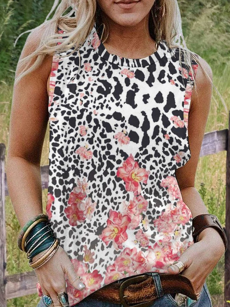 

Leopard print floral Crew Neck Striped Vintage Knit, White, Tank Tops