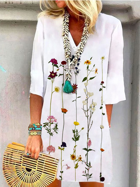 

Vacation Floral Loosen Short Sleeve Woven Dress, White, Dresses