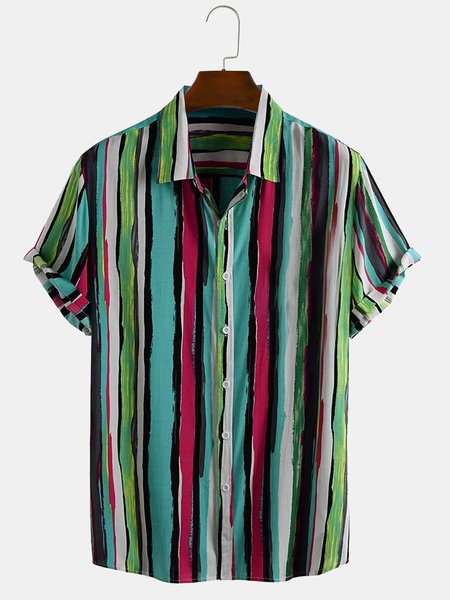 

Cotton Linen Striped Casual Short Sleeve Shirt, As picture, Men's Floral shirt