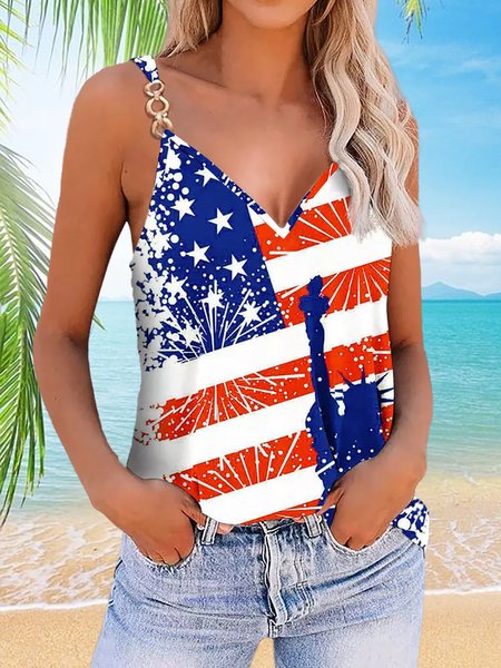 

American Flag Star Printed Casual Vacation V Neck Camisole, Multicolor, Tanks & Camis