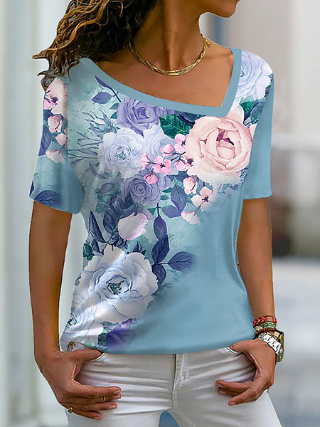 

Plus size Floral Casual Short Sleeve T-Shirt, Blue, T-Shirts