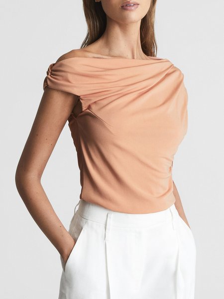 

Boat Neck Regular Fit Simple Short Sleeve T-Shirt, Orange pink, Tees