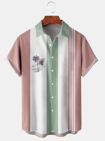 

Men's Coconut Print Striped Casual Short Sleeve Hawaiian Shirt, Pink, Men's Floral shirt