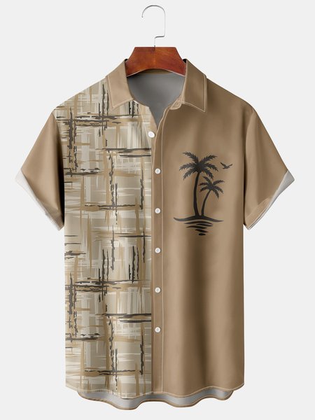 

Men's Coconut Tree Print Casual Breathable Short Sleeve Hawaiian Shirt, Khaki, Men's Floral shirt
