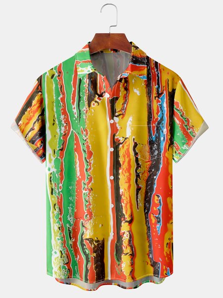 

Men's Geometric Stripe Printed Casual Short Sleeve Hawaiian Shirt with Chest Pocket, Yellow, Men's Floral shirt