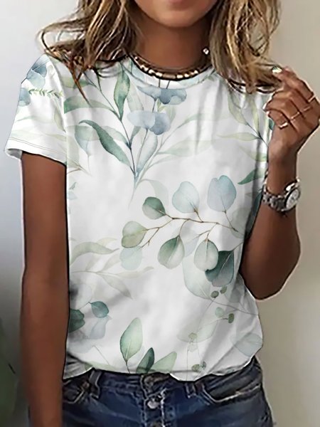 

Casual Simple Leaf Print Crew Neck T-Shirt, As picture, T-shirts