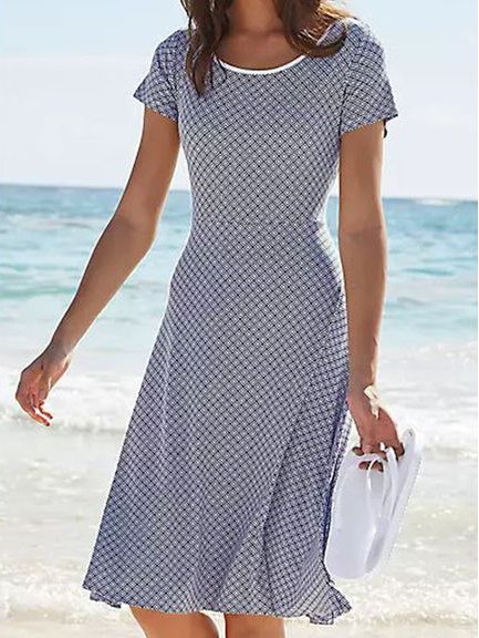 

Crew Neck Regular Fit Geometric Short Sleeve Knit Dress, Blue, Midi Dresses