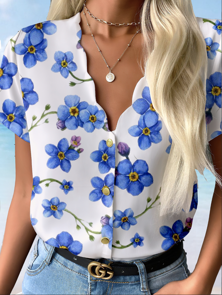 

Blue Fresh Flower Print Wavy V-Neck Shirt Vacation Short Sleeve Blouse, Shirts & Blouses