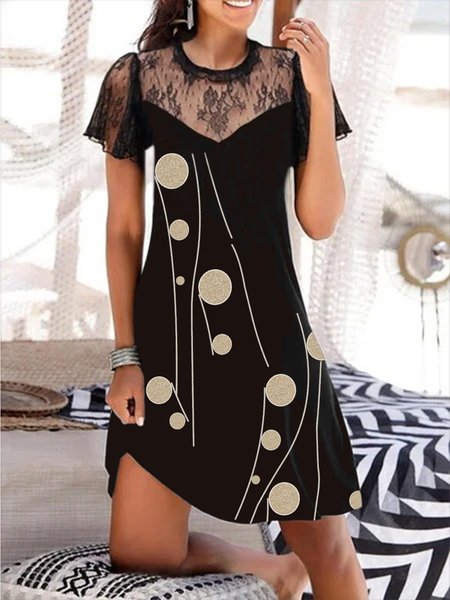 

Polka Dots Lace Short Sleeve Plus Size Casual Dress, Black, Mini Dresses