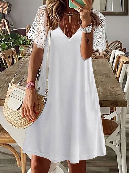 

JFN V Neck Lace Solid Casual Mini Dresses, White, Dresses