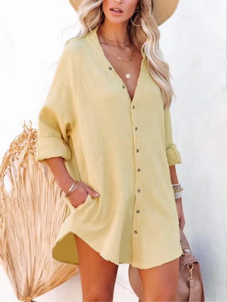 

Solid Loosen V Neck Long Sleeve Tops, Yellow, Long sleeve tops