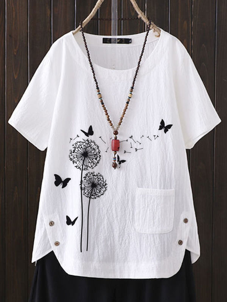 

Crew Neck Casual Short Sleeve Tops, White, Tops