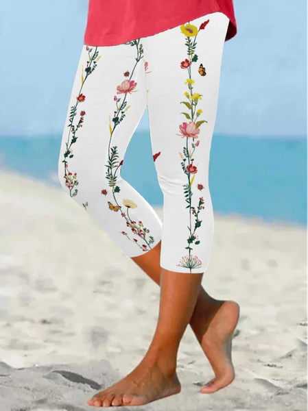 

Casual Floral Leggings, White, Leggings