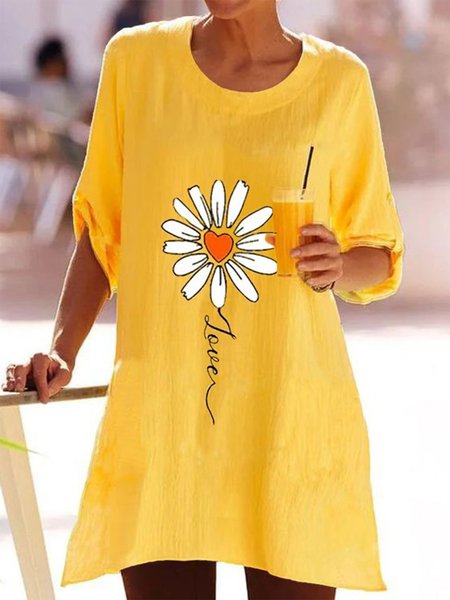 

Casual Crew Neck Floral Loosen Short Sleeve Tops, Yellow, Tops