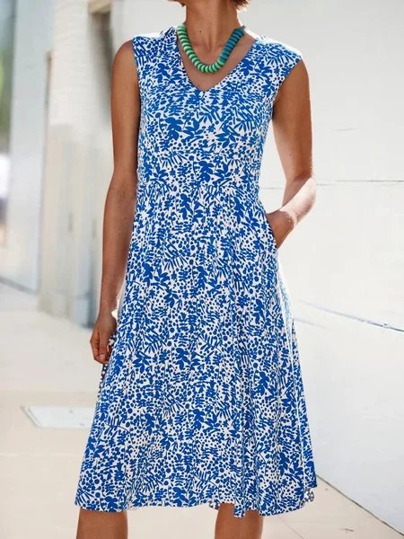 

Floral Regular Fit V Neck Sleeveless Knitting Dresses, Blue, Dresses