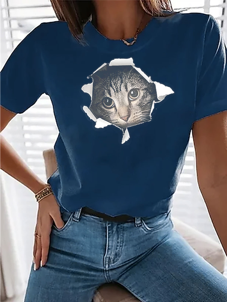 

Crew Neck Casual Animal Short Sleeve T-Shirt, Blue, T-Shirts
