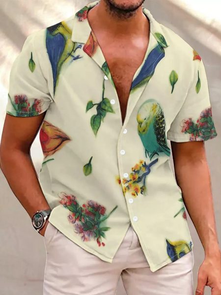 

Men’s Casual Short Sleeve Birds Print Hawaiian Shirt, As picture, Short Sleeves Shirts