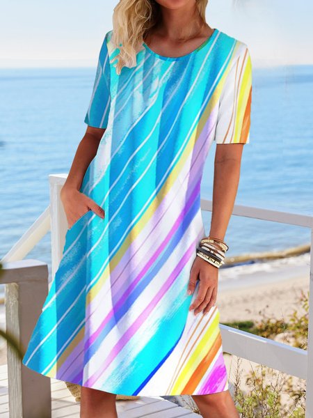 

Vacation Casual Striped Printed Round Neck Loose Knee-length Dress, Multicolor, Dresses