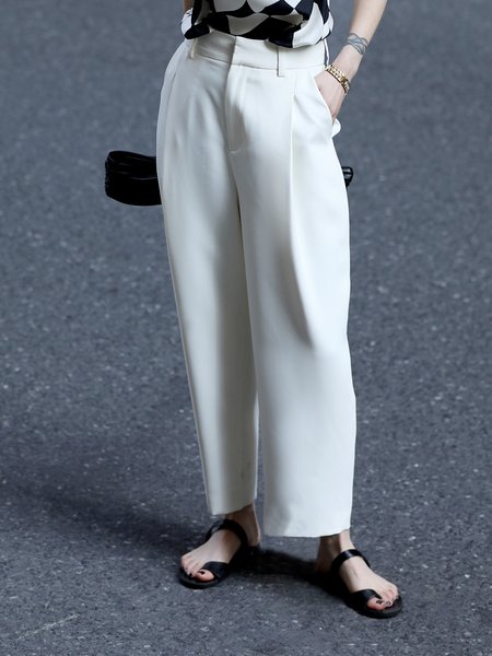 

White Daily Pockets Simple Plain Pants, Wide Leg Pants