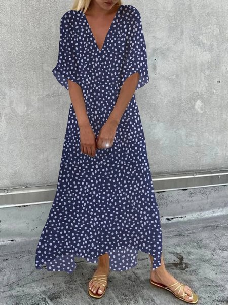 

Casual Polka Dots Short Sleeve V Neck Plus Size Printed Dress, Blue, Maxi Dresses