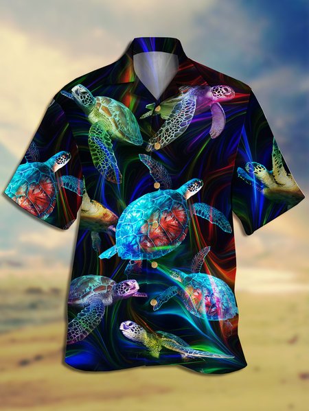 

Men's Colorful Turtle Print Casual Breathable Hawaiian Short Sleeve Shirt, Black, Men's Floral shirt