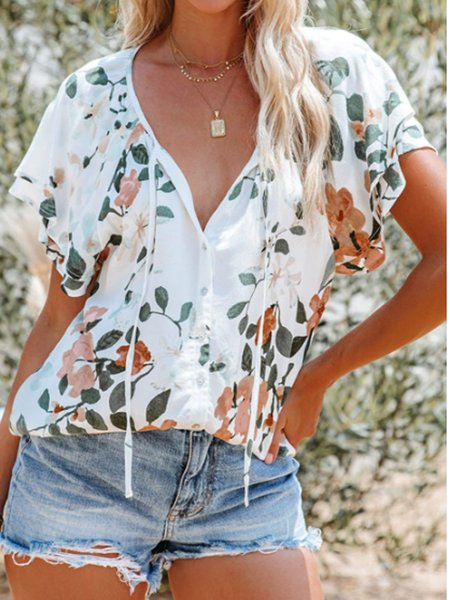 

Floral Tie Neck Short Sleeve Blouse, White, Shirts & Blouses